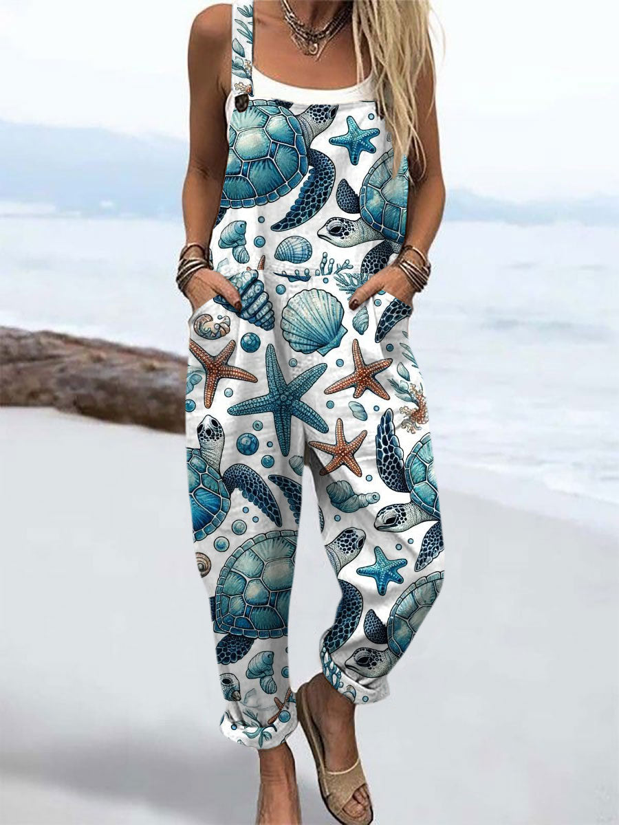 Women's Ocean Beach Turtle Print Casual Wide Leg Jumpsuit