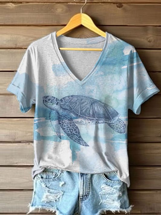 Women's Sea Turtle Printed V-neck Tshirt