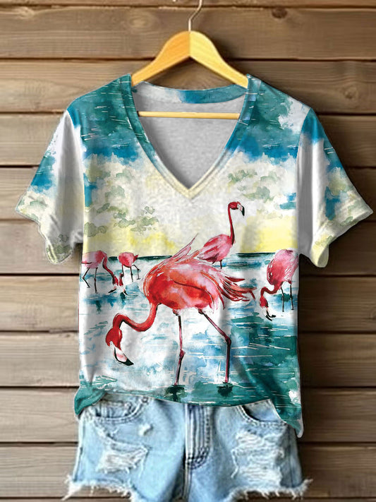 Women's Flamingo Print short-sleeved T-shirt