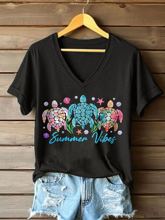 Women's Sea Turtle Printed V-neck T-shirt
