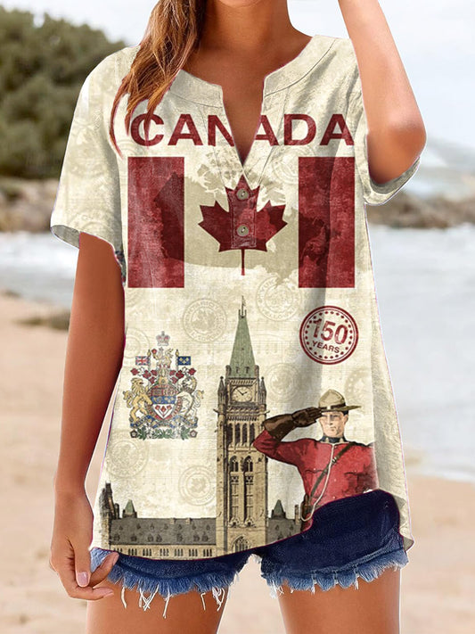 Women's Vintage Canadian Print Button Design V-Neck Casual Shirt