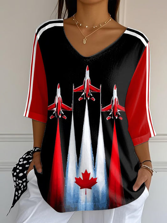 Women's Patriotic Canadian Air Plane Canada Flag and Maple Leaf Casual V-Neck T-Shirt