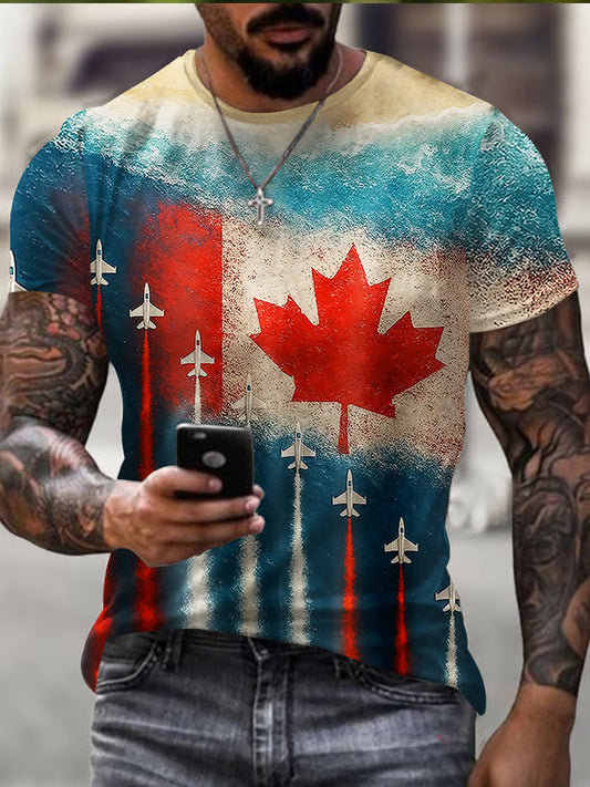 Men's Canadian Air Plane And Maple Leaf Print Casual Tee
