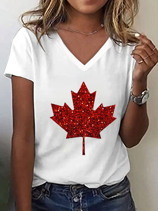 Women's Shiny Maple Leaf Print V-Neck T-Shirt