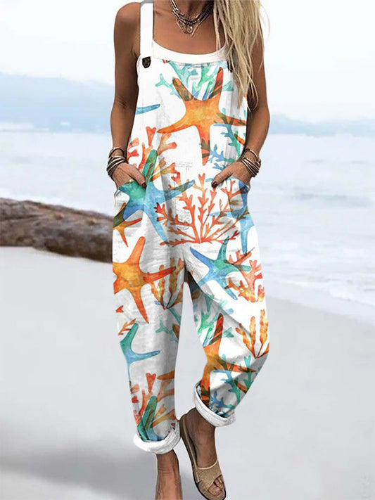 Women's starfish Print Casual Overalls Wide Leg Pants