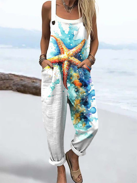 Women's starfish Print Casual Overalls Wide Leg Pants
