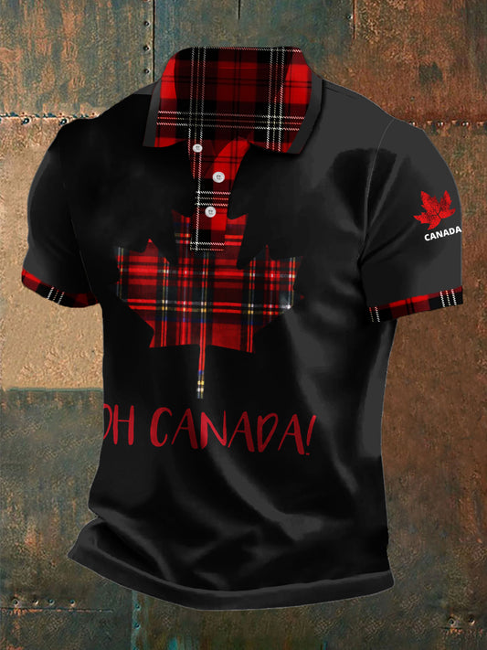Vintage Canadian Maple Leaf Check Print Casual Polo Shirt