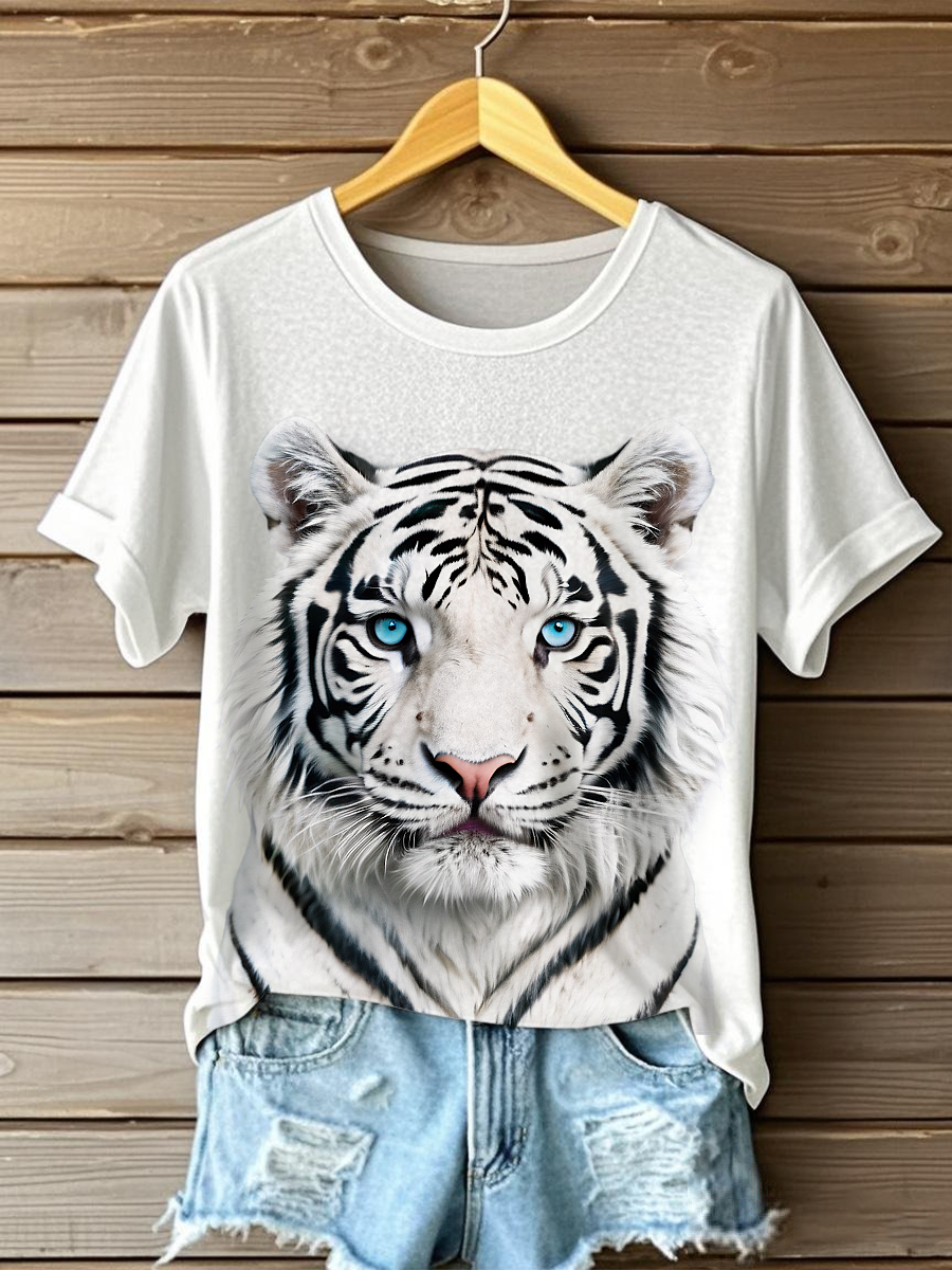 Women's white tiger face fun print casual t-shirts