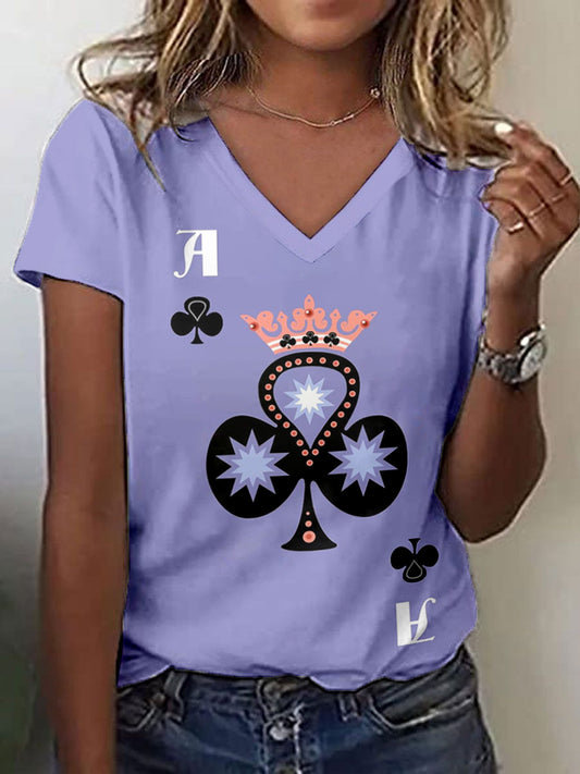 Women's Playing Card Art Print V-Neck T-Shirt