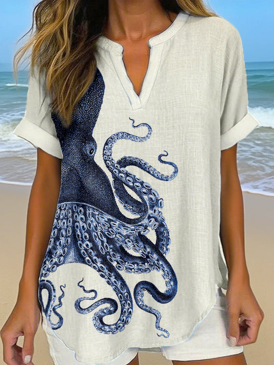 Women's Octopus Art Print Linen Shirt