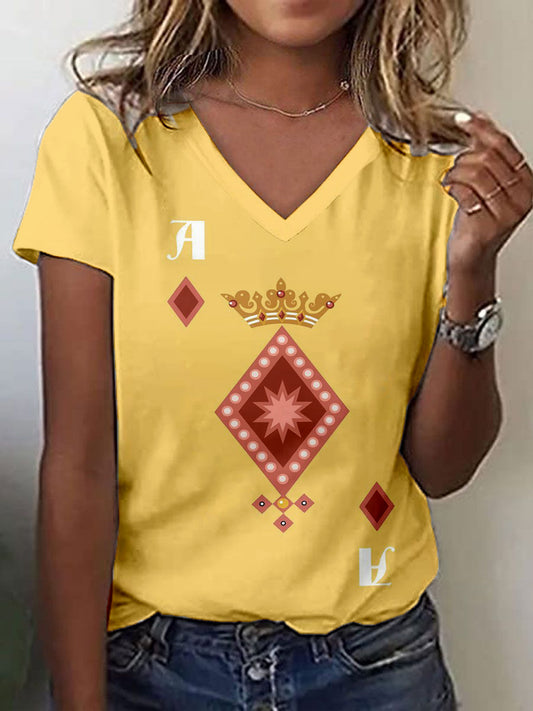 Women's Playing Card Art Print V-Neck T-Shirt