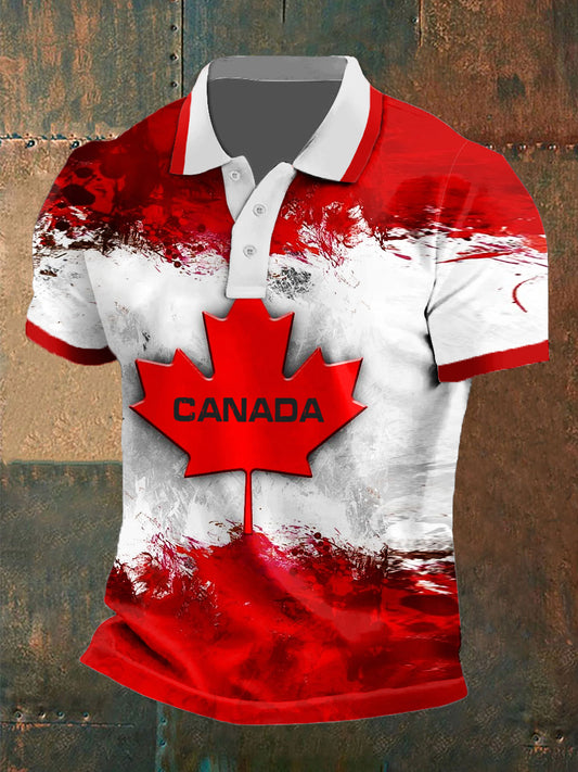 Vintage Canadian Maple Leaf Print Casual Polo Shirt