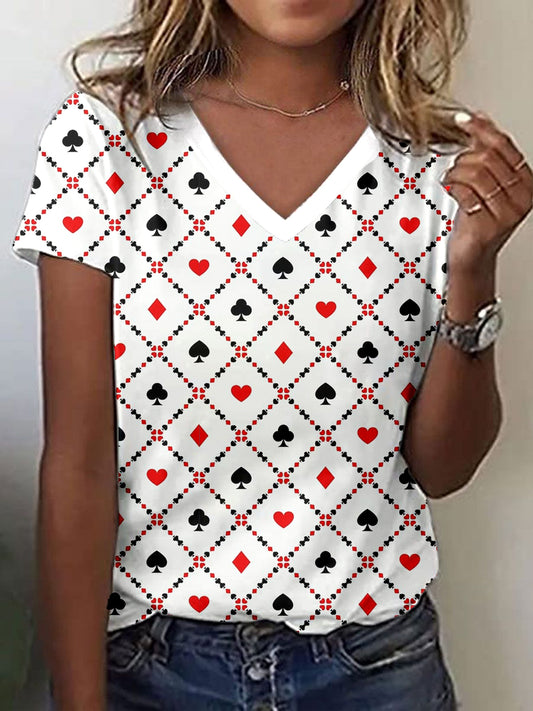Women's Playing Card Art Print V-Neck T-Shirt