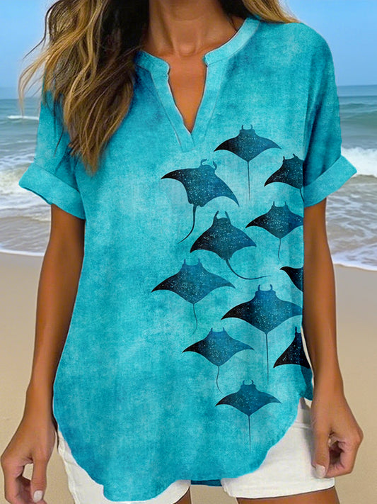 Women's Manta Rays Art Print Linen Shirt