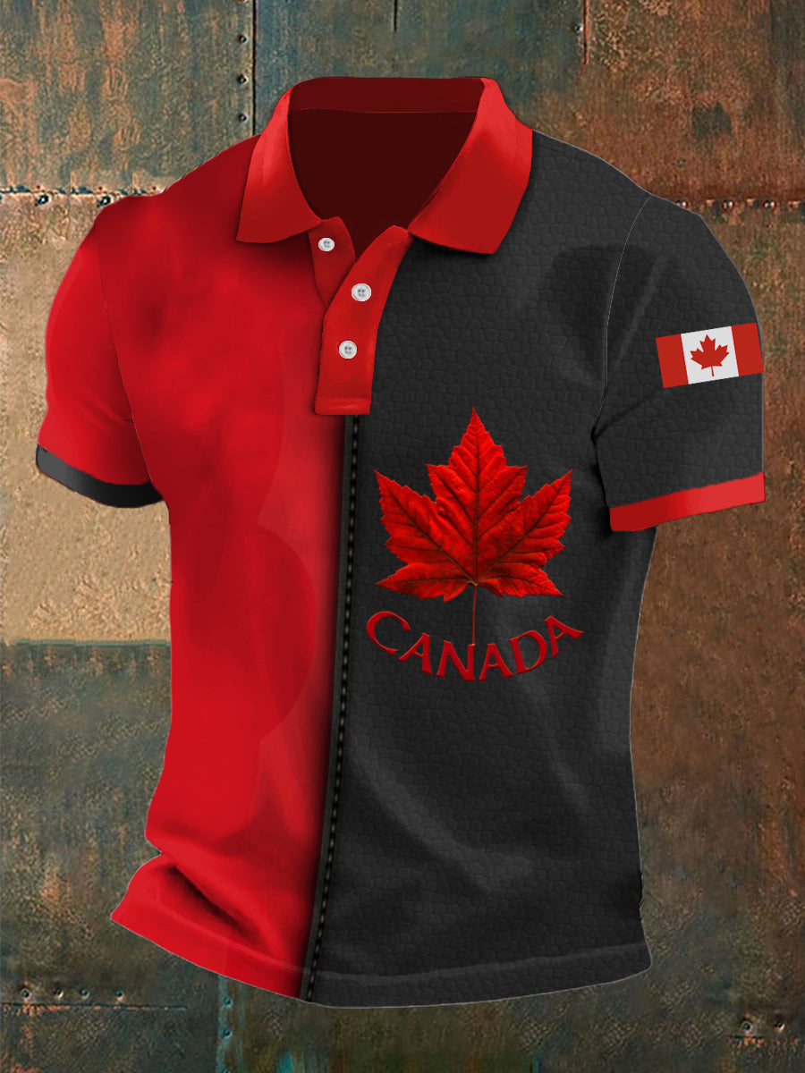 Vintage Patchwork Canadian Maple Leaf Print Casual Polo Shirt