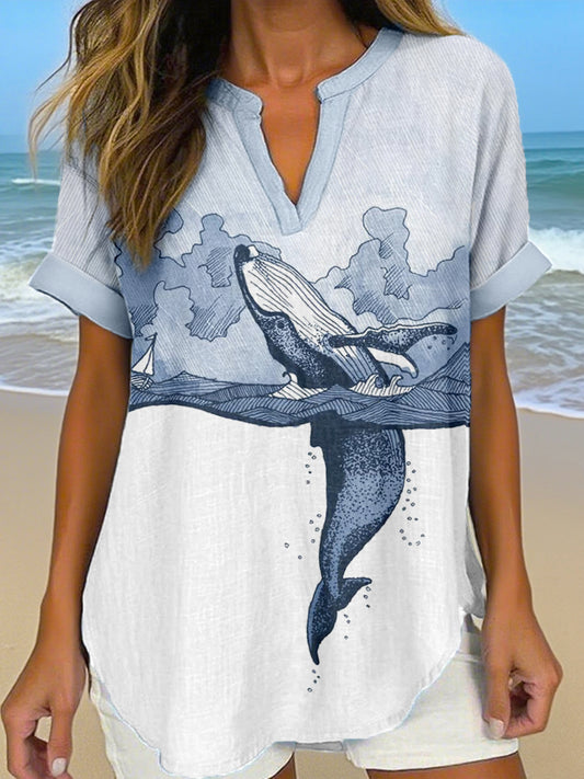 Women's Whale Art Print Linen Shirt