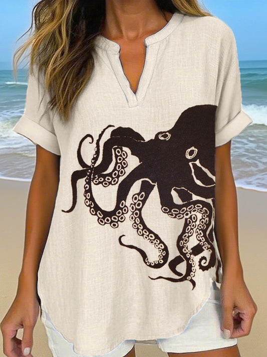 Women's Vintage Octopus Art Print Linen Shirt
