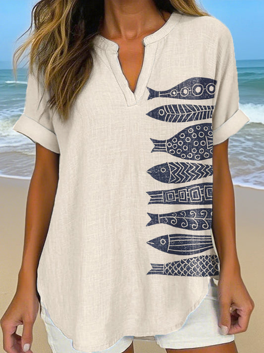 Women's Vintage Fish Art Print Linen Shirt