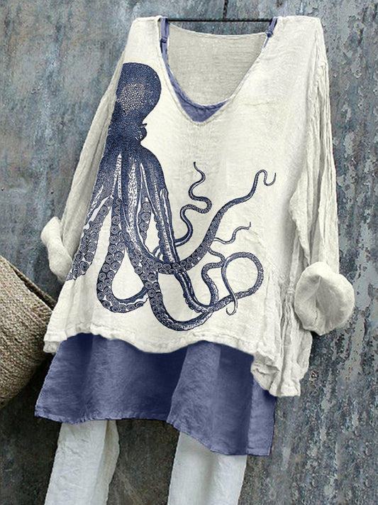 Women's Vintage Octopus Art Print Linen Shirt