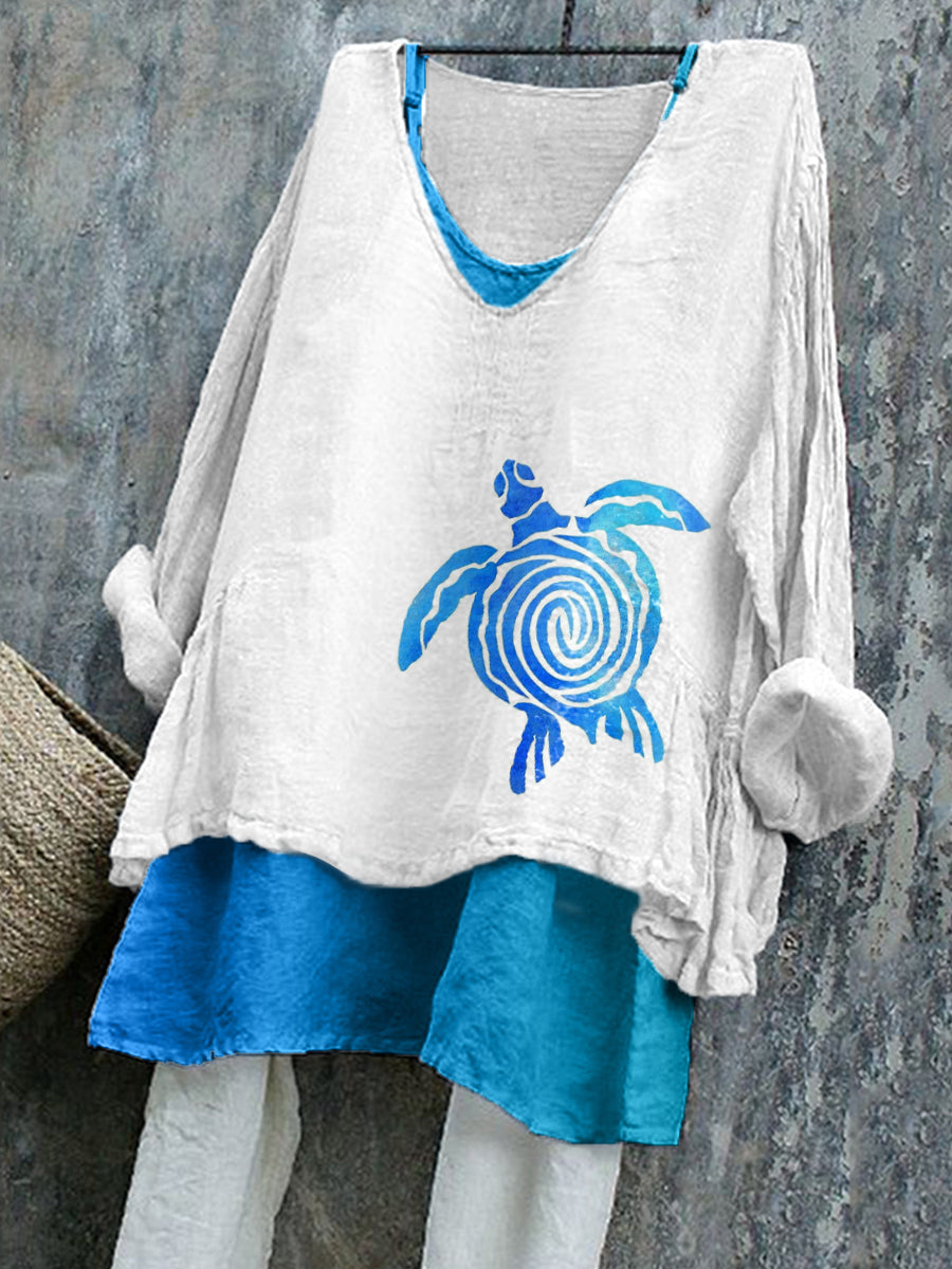 Women's Sea Turtle Art Print Linen Shirt