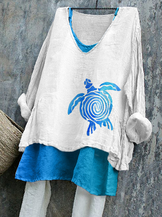 Women's Sea Turtle Art Print Linen Shirt