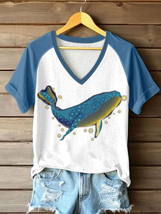 Women's Sea whale Printed V-neck T-shirt