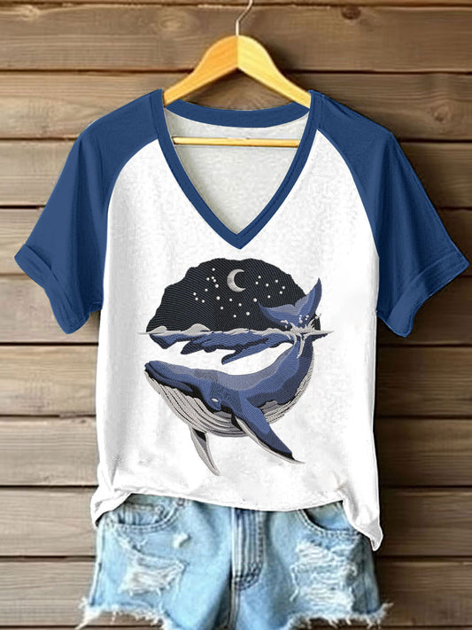 Women's Sea whale Printed V-neck T-shirt