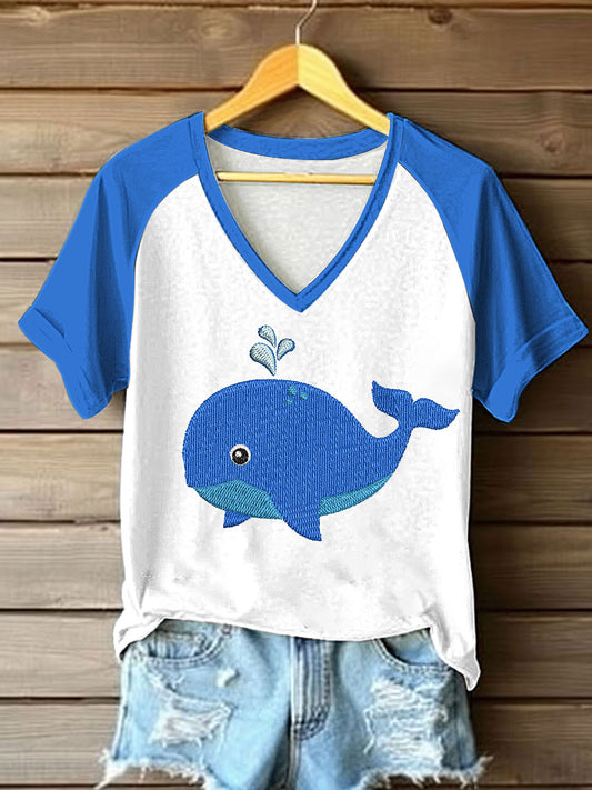 Women's Sea whale Printed V-neck T-shirt