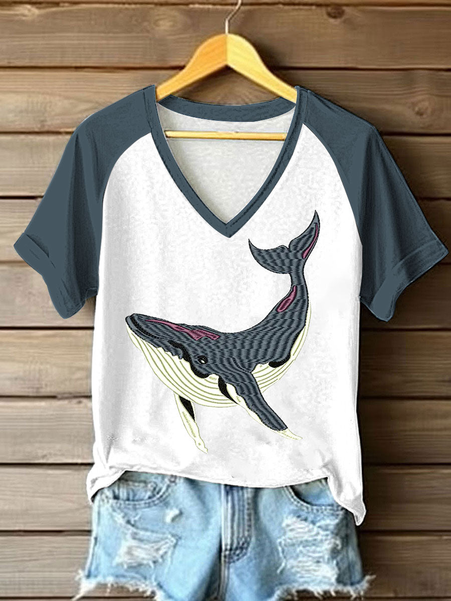 Women's Sea whale Printed V-neck T-shirt