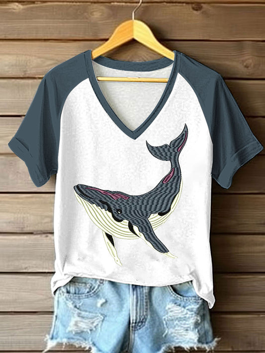 Women's Sea whale Printed V-neck T-shirt
