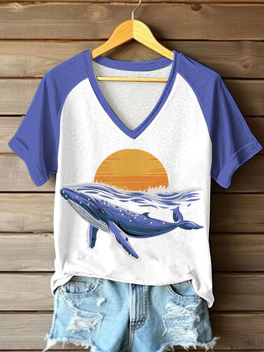 Women's Sea Whale Printed V-neck T-shirt