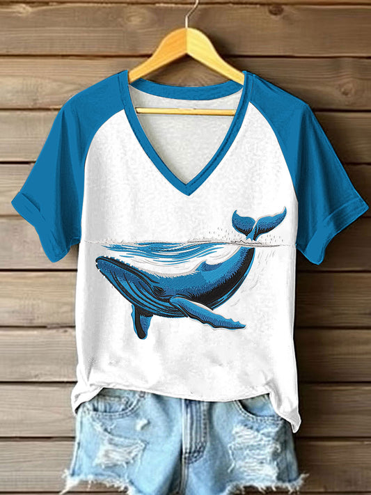 Women's Sea Whale Printed V-neck T-shirt