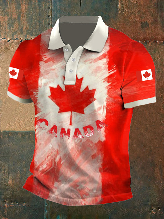 Vintage Canada Abstract Maple Leaf Flag Print Casual Polo Shirt