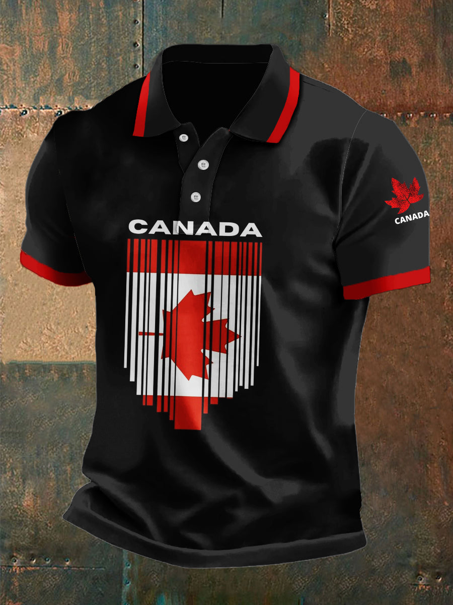 Vintage Canadian Maple Leaf Abstract Print Casual Polo Shirt