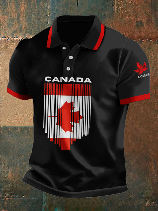 Vintage Canadian Maple Leaf Abstract Print Casual Polo Shirt