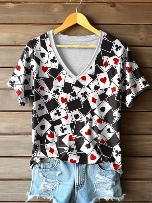 Women's Poker Cards Art Print V-Neck T-Shirt