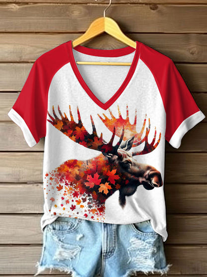 Women's Natural Moose Print Casual V-Neck Tee
