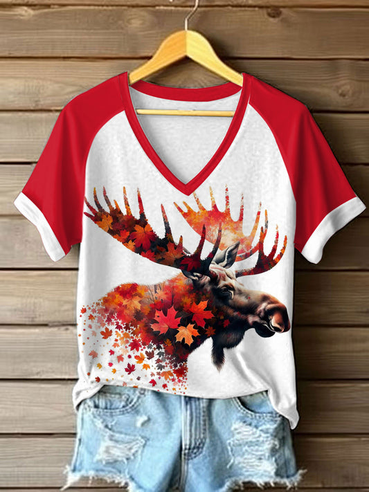 Women's Natural Moose Print Casual V-Neck Tee