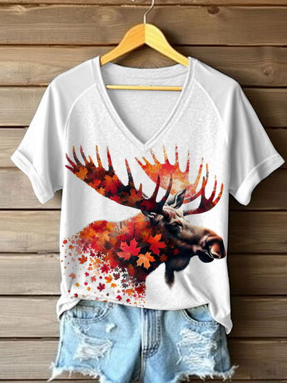 Women's Natural Moose Print Casual V-Neck Tee