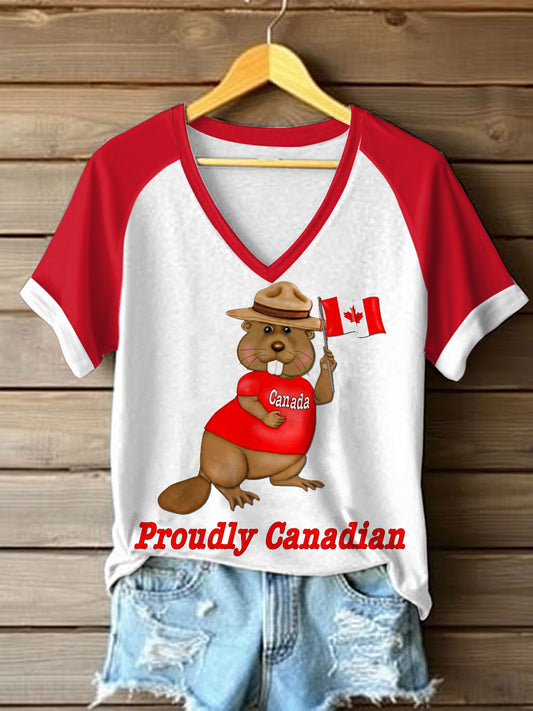 Women's Proudly Canadian Cute Beaver Print Casual V-Neck Tee