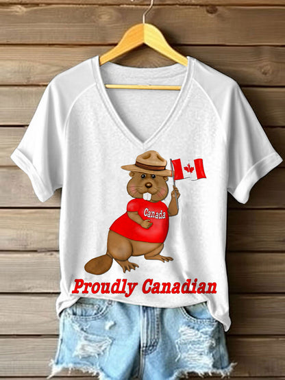 Women's Proudly Canadian Cute Beaver Print Casual V-Neck Tee