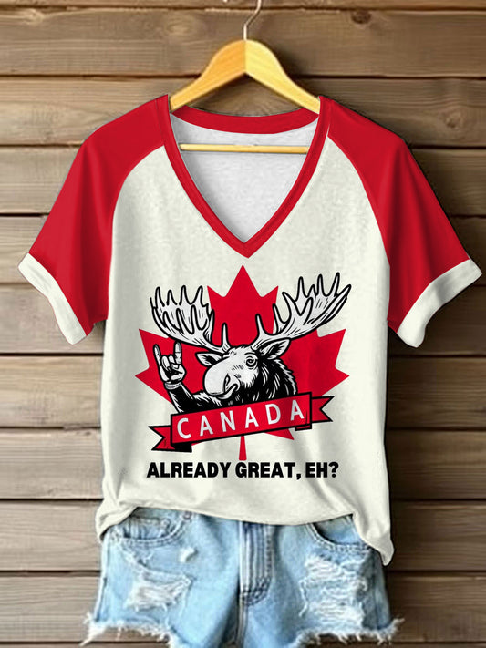 Women's Canada Already Great, Eh? Moose Print Casual V-Neck Tee