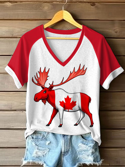 Women's Moose Print Casual V-Neck Tee