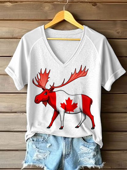 Women's Moose Print Casual V-Neck Tee