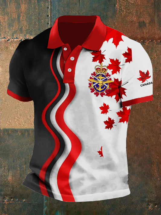 Men's Canada Abstract Stripe Badge Maple Leaf Print Casual Polo Shirt