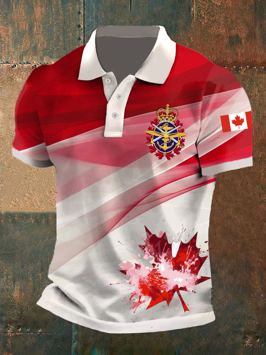 Men's Canadian Maple Leaf Line Print Casual Polo Shirt