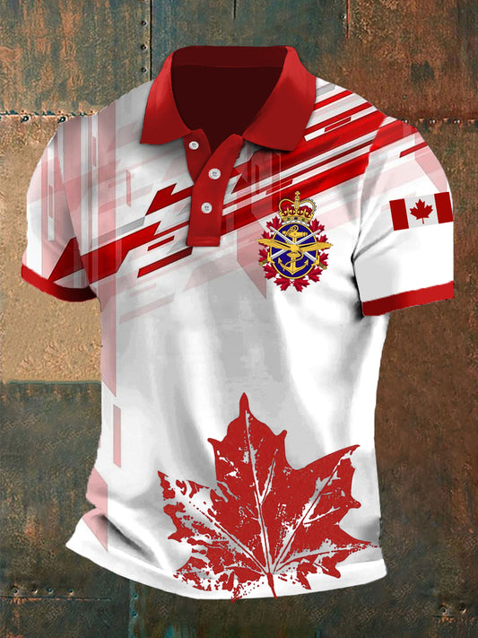 Men's Canada Abstract Emblem Maple Leaf Print Casual Polo Shirt