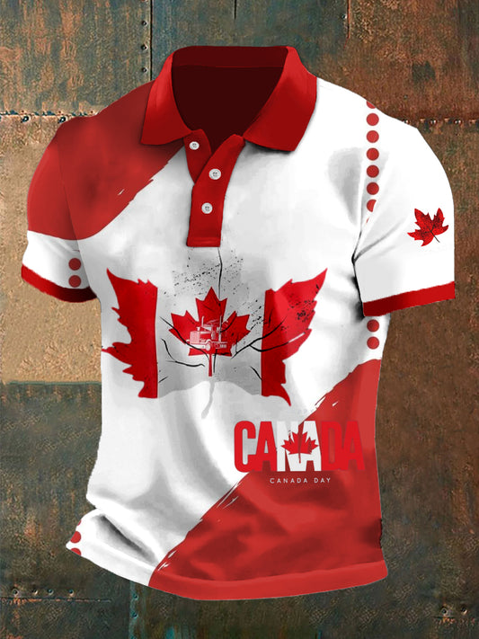 Men's Canada Abstract Maple Leaf Flag Print Casual Polo Shirt