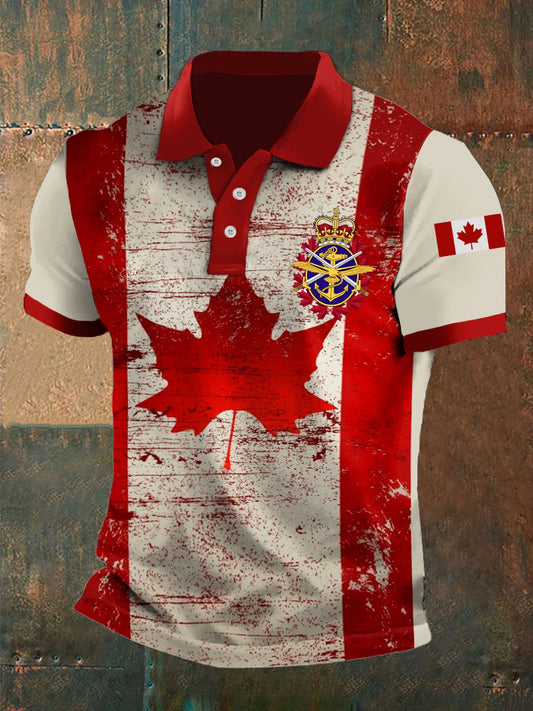 Men's Canada Emblem Maple Leaf Print Casual Polo Shirt