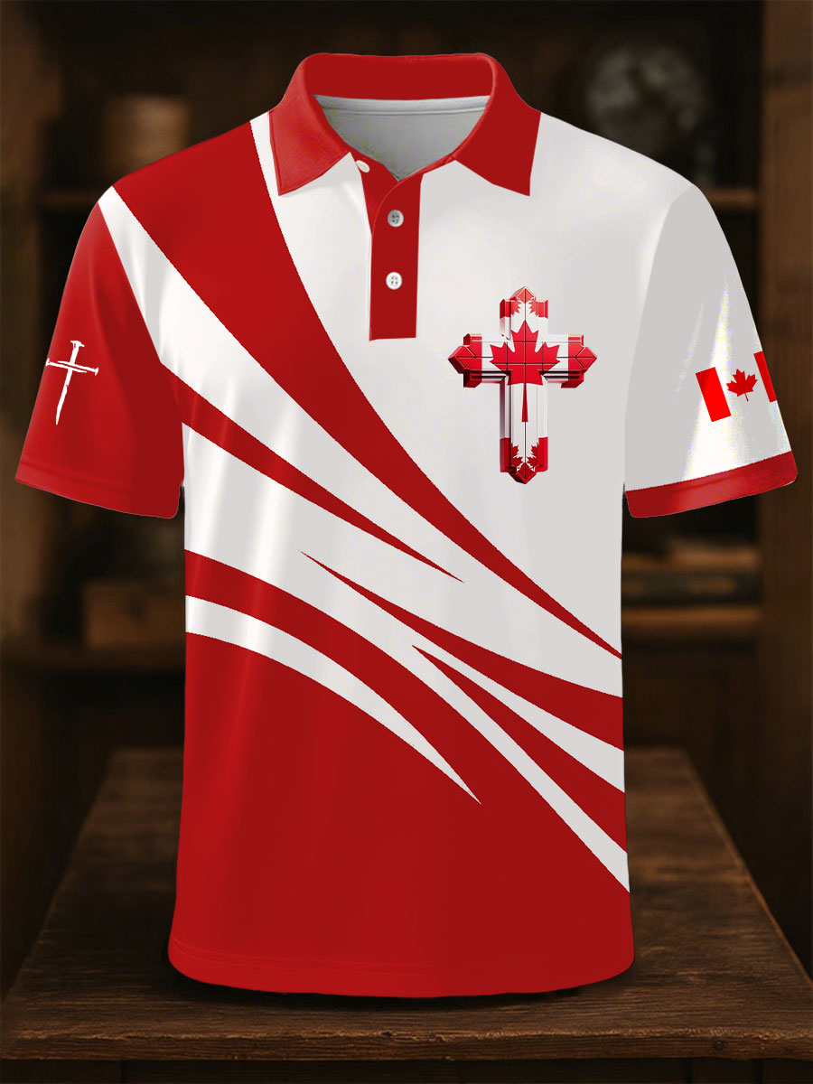 Men's Canadian Flag Cross Print Button Top
